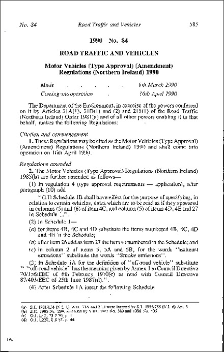The Motor Vehicles (Type Approval) (Amendment) Regulations (Northern Ireland) 1990