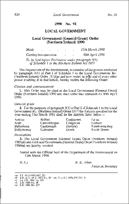 The Local Government (General Grant) Order (Northern Ireland) 1990