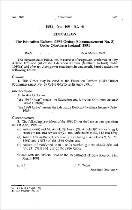 The Education Reform (1989 Order) (Commencement No. 3) Order (Northern Ireland) 1991