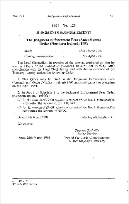 The Judgment Enforcement Fees) (Amendment) Order (Northern Ireland) 1991