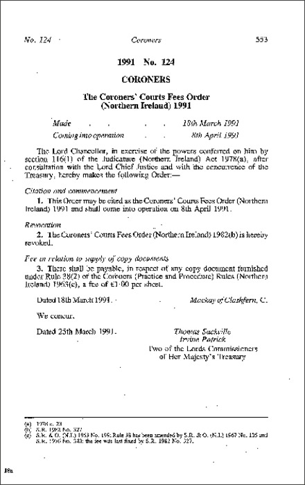 The Coroners' Court Fees Order (Northern Ireland) 1991