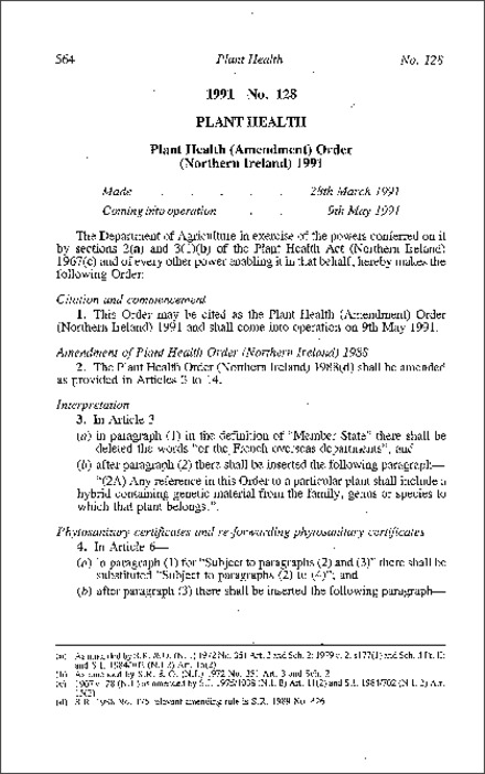 The Plant Health (Amendment) Order (Northern Ireland) 1991