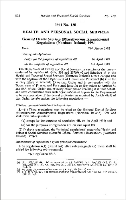 The General Dental Services (Miscellaneous Amendment) Regulations (Northern Ireland) 1991