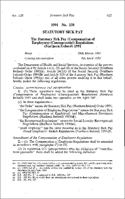 The Statutory Sick Pay (Compensation of Employers) (Consequential) Regulations (Northern Ireland) 1991