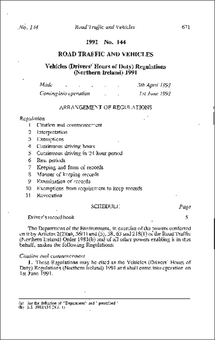 The Vehicles (Drivers' Hours of Duty) Regulations (Northern Ireland) 1991