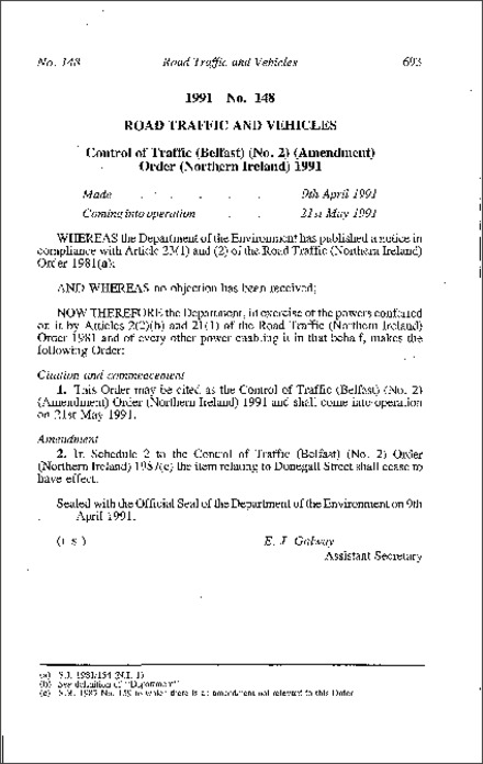 The Control of Traffic (Belfast) (No. 2) (Amendment) Order (Northern Ireland) 1991