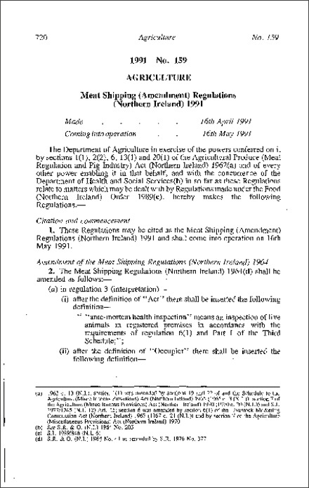 The Meat Shipping (Amendment) Regulations (Northern Ireland) 1991