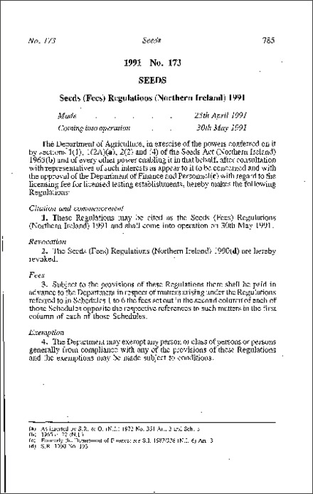 The Seeds (Fees) Regulations (Northern Ireland) 1991