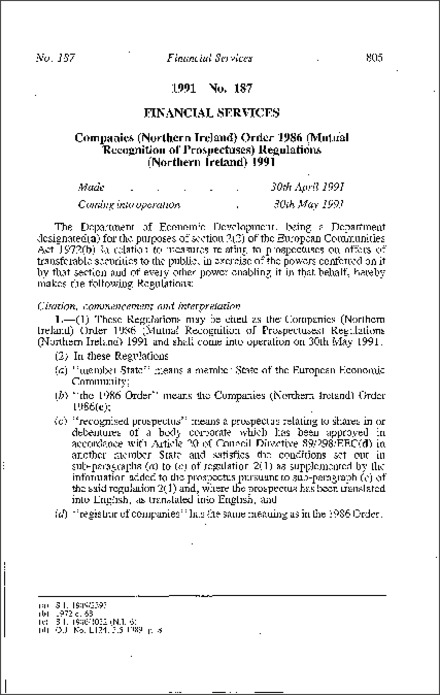 The Companies (Northern Ireland) Order 1986 (Mutual Recognition of Prospectuses) Regulations (Northern Ireland) 1991