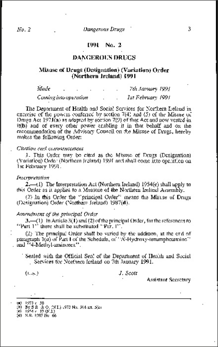 The Misuse of Drugs (Designation) (Variation) Order (Northern Ireland) 1991
