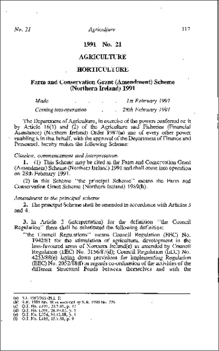 The Farm and Conservation Grant (Amendment) Scheme (Northern Ireland) 1991