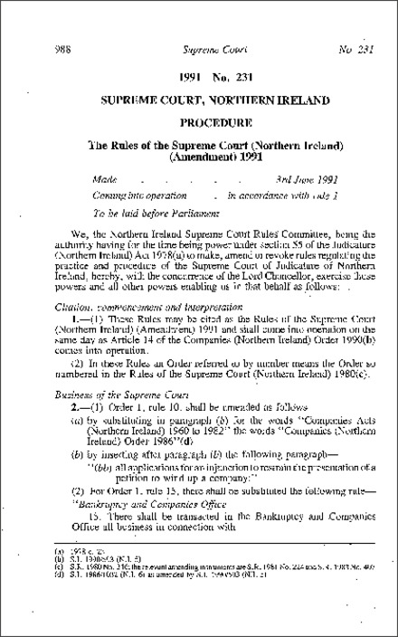 The Rules of the Supreme Court (Northern Ireland) (Amendment) (Northern Ireland) 1991
