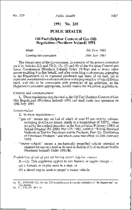 The Oil Fuel (Sulphur Content of Gas Oil) Regulations (Northern Ireland) 1991