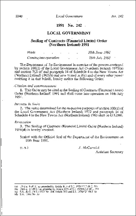 The Sealing of Contracts (Financial Limits) Order (Northern Ireland) 1991