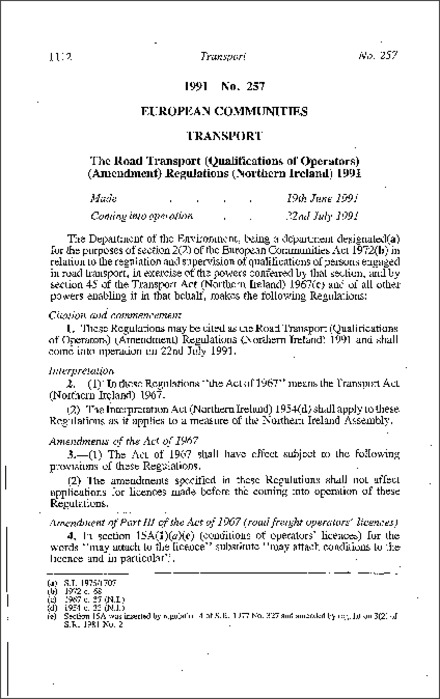 The Road Transport (Qualification of Operators) (Amendment) Regulations (Northern Ireland) 1991
