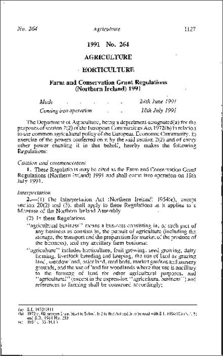The Farm and Conservation Grant Regulations (Northern Ireland) 1991