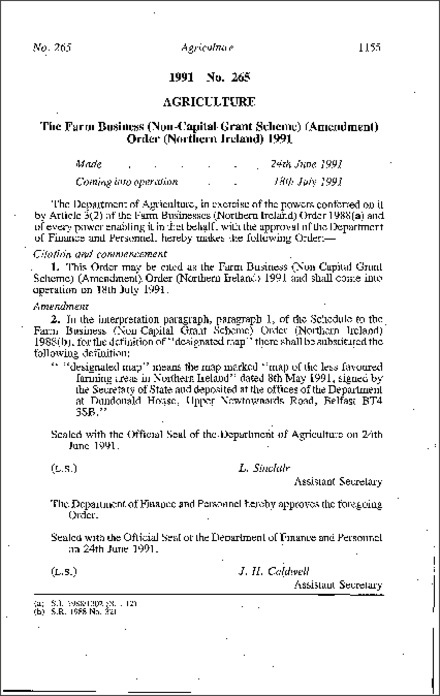 The Farm Business (Non-Capital Grant Scheme) (Amendment) Order (Northern Ireland) 1991