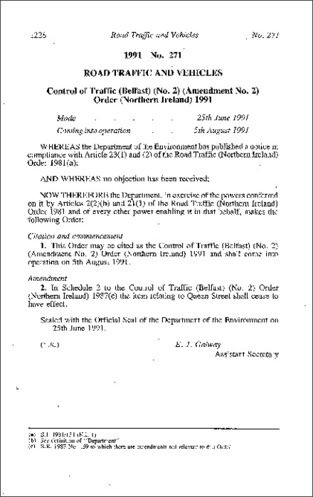 The Control of Traffic (Belfast) (No. 2) (Amendment No. 2) Order (Northern Ireland) 1991