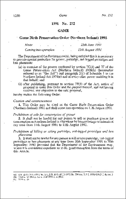 The Game Birds Preservation Order (Northern Ireland) 1991