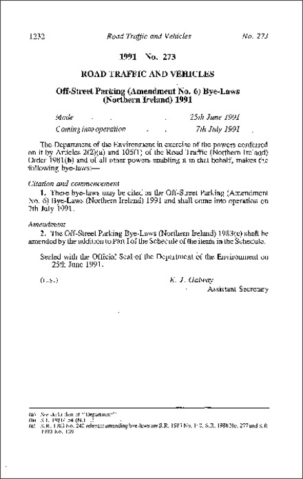 The Off-Street Parking (Amendment No. 6) Bye-Laws (Northern Ireland) 1991