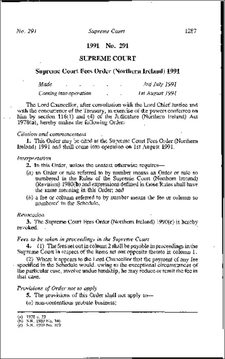 The Supreme Court Fees Order (Northern Ireland) 1991