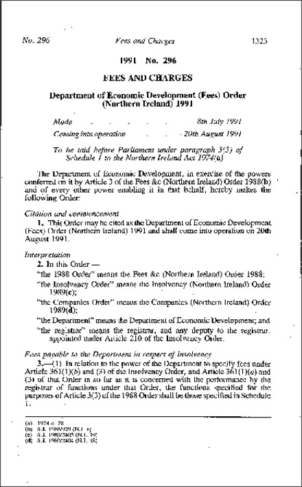 The Department of Economic Development (Fees) Order (Northern Ireland) 1991