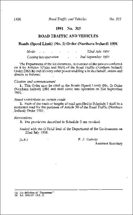 The Roads (Speed Limit) (No. 2) Order (Northern Ireland) 1991