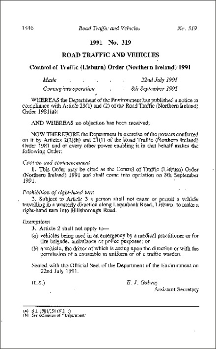 The Control of Traffic (Lisburn) Order (Northern Ireland) 1991