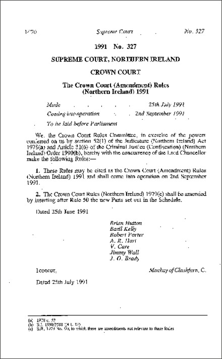 The Crown Court (Amendment) Rules (Northern Ireland) 1991