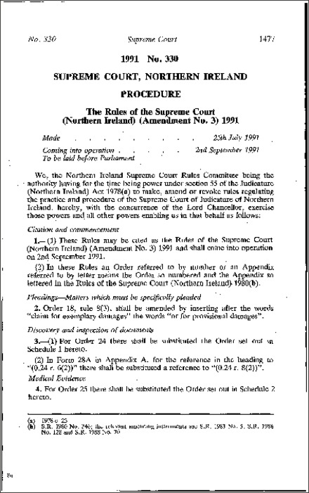 The Rules of the Supreme Court (Northern Ireland) (Amendment No. 3) (Northern Ireland) 1991