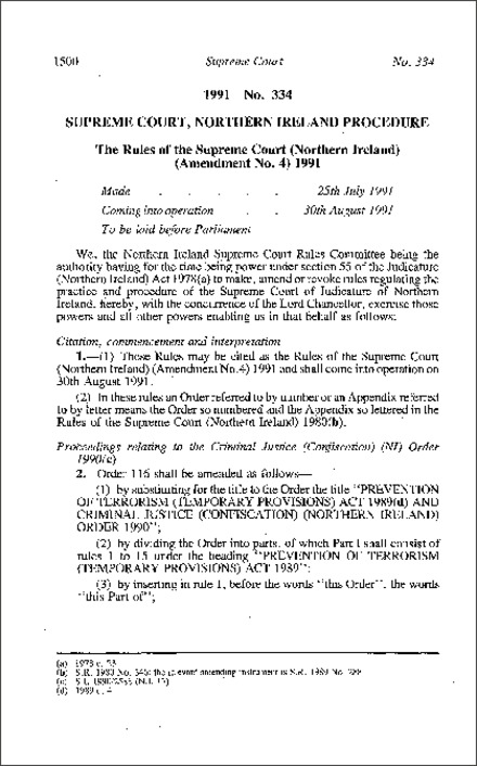 The Rules of the Supreme Court (Northern Ireland) (Amendment No. 4) (Northern Ireland) 1991