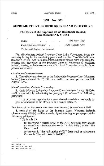 The Rules of the Supreme Court (Northern Ireland) (Amendment No. 5) (Northern Ireland) 1991