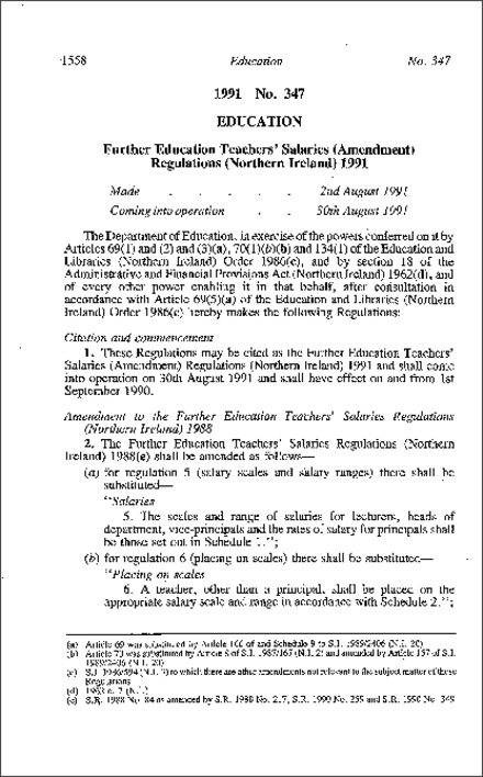 The Further Education Teachers' Salaries (Amendment) Regulations (Northern Ireland) 1991