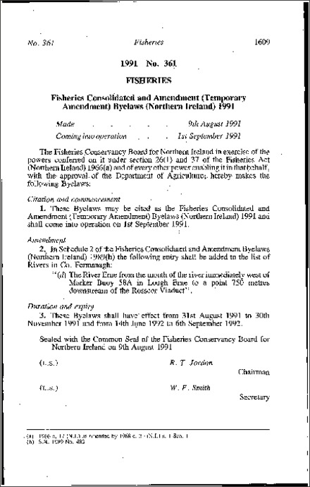 The Fisheries Consolidated and Amendment (Temporary Amendment) Byelaws (Northern Ireland) 1991