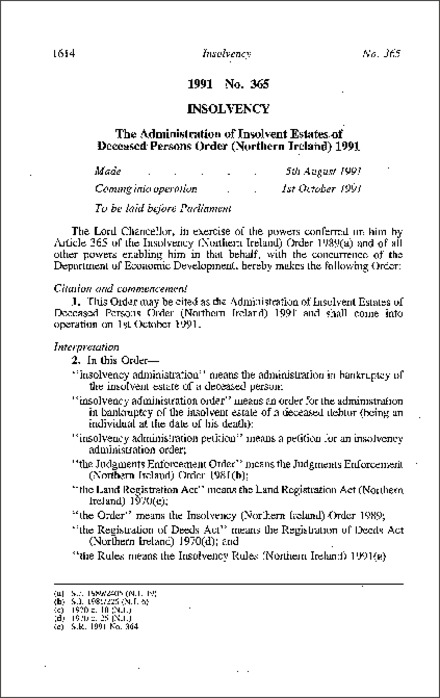 The Administration of Insolvent Estates of Deceased Persons Order (Northern Ireland) 1991