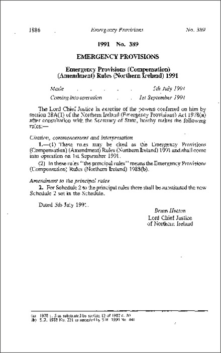 The Emergency Provisions (Compensation) (Amendment) Rules (Northern Ireland) 1991