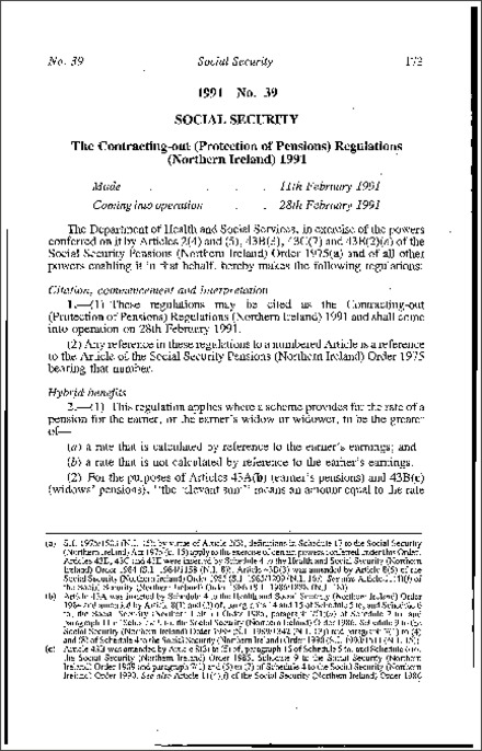 The Contracting-out (Protection of Pensions) Regulations (Northern Ireland) 1991