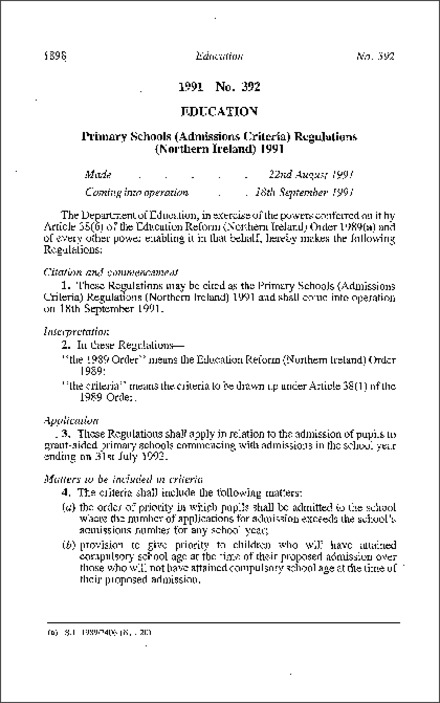 The Primary Schools (Admission Criteria) Regulations (Northern Ireland) 1991