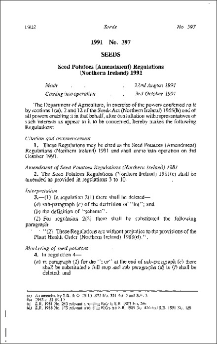 The Seed Potatoes (Amendment) Regulations (Northern Ireland) 1991