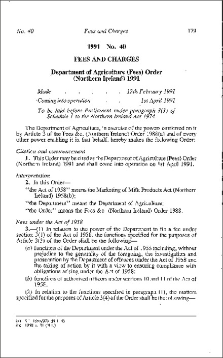 The Department of Agriculture (Fees) Order (Northern Ireland) 1991