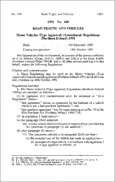 The Motor Vehicles (Type Approval) (Amendment) Regulations (Northern Ireland) 1991