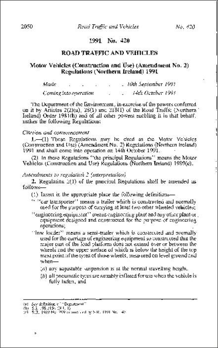 The Motor Vehicles (Construction and Use) (Amendment No. 2) Regulations (Northern Ireland) 1991