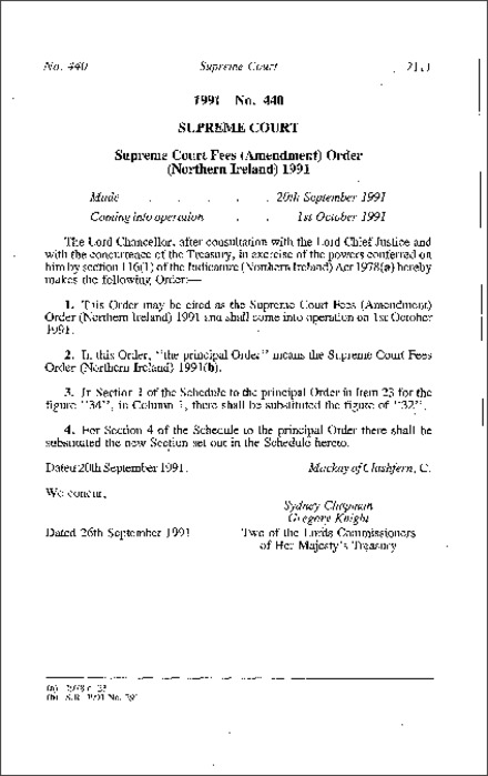 The Supreme Court Fees (Amendment) Order (Northern Ireland) 1991