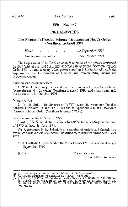 The Firemen's Pension Scheme (Amendment No. 2) Order (Northern Ireland) 1991