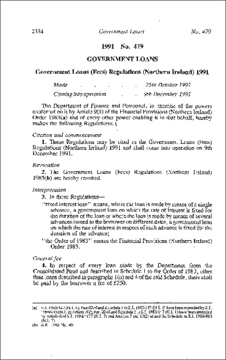 The Government Loans (Fees) Regulations (Northern Ireland) 1991