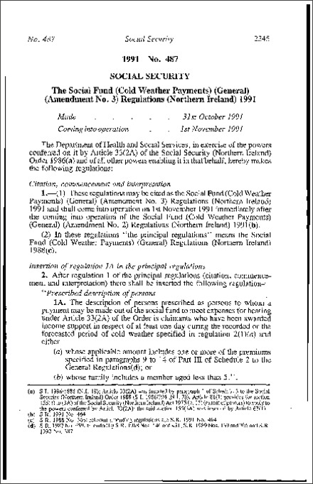The Social Fund (Cold Weather Payments) (General) (Amendment No. 3) Regulations (Northern Ireland) 1991