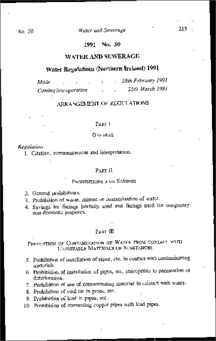 The Water Regulations (Northern Ireland) 1991