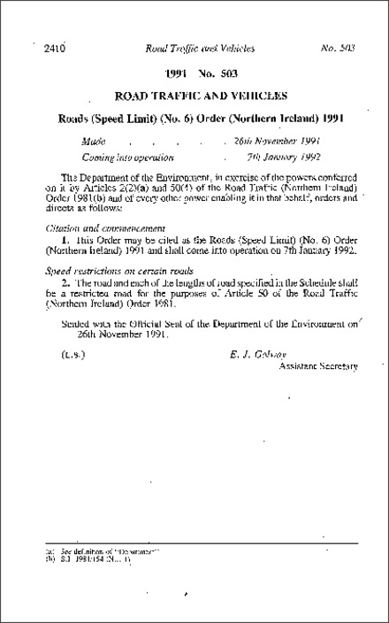 The Roads (Speed Limit) (No. 6) Order (Northern Ireland) 1991