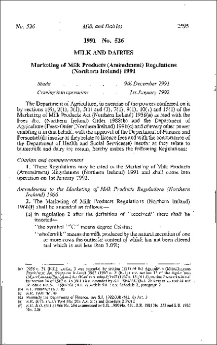 The Marketing of Milk Products (Amendment) Regulations (Northern Ireland) 1991