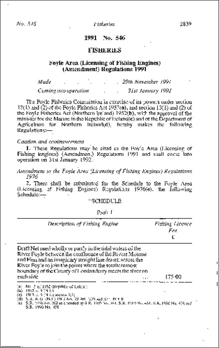 The Foyle Area (Licensing of Fishing Engines) (Amendment) Regulations (Northern Ireland) 1991